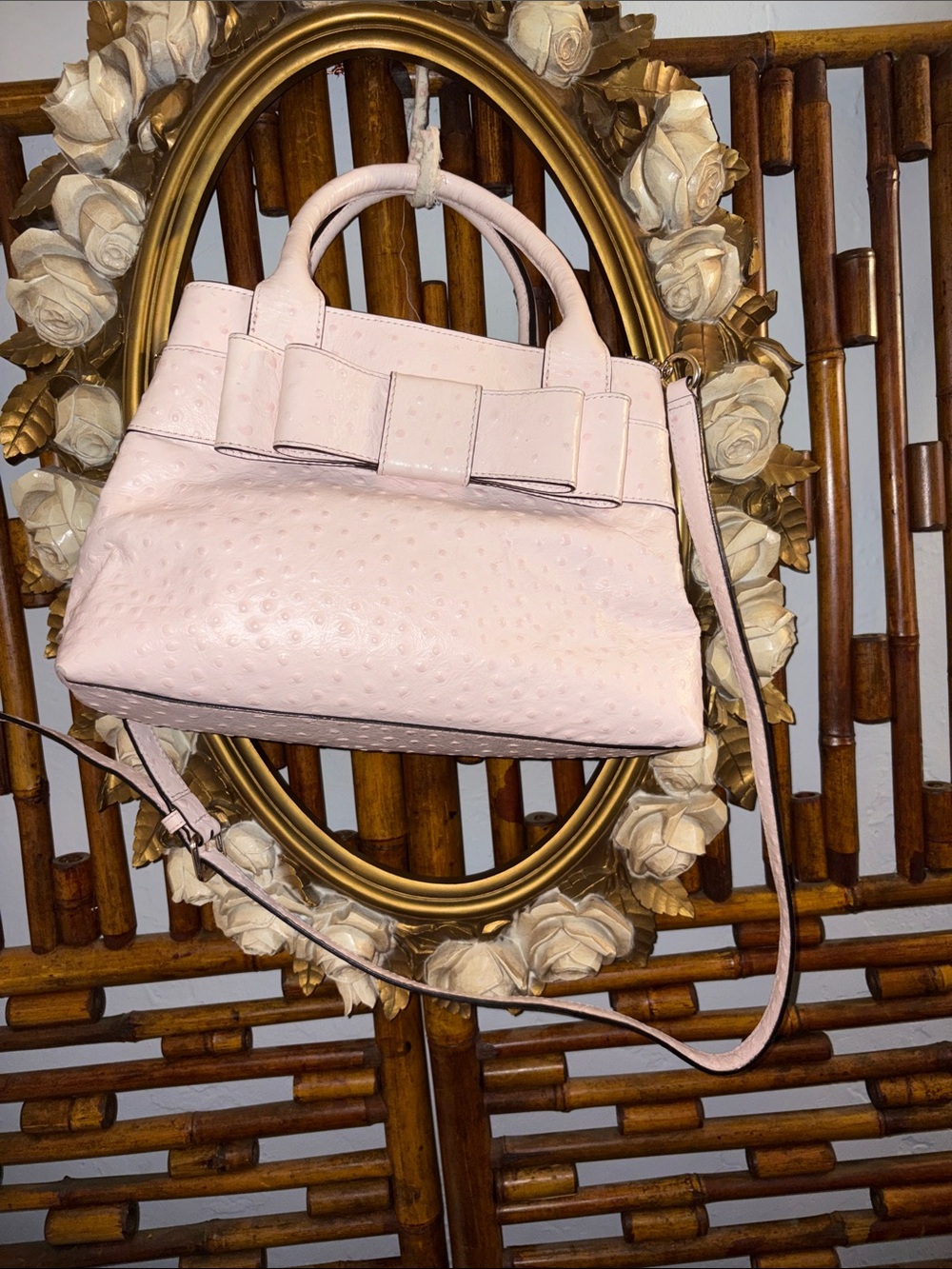 Blush Pink Ostrich-Texture Bow Satchel Handbag - Picture 2 of 10